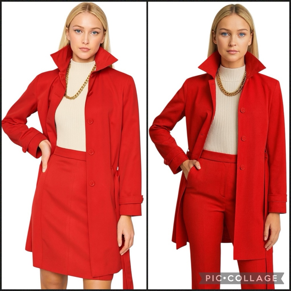 Teenflo 3 Piece Matching Trench Jacket, Skirts, & Pant Suit Set in Red, Size 4
